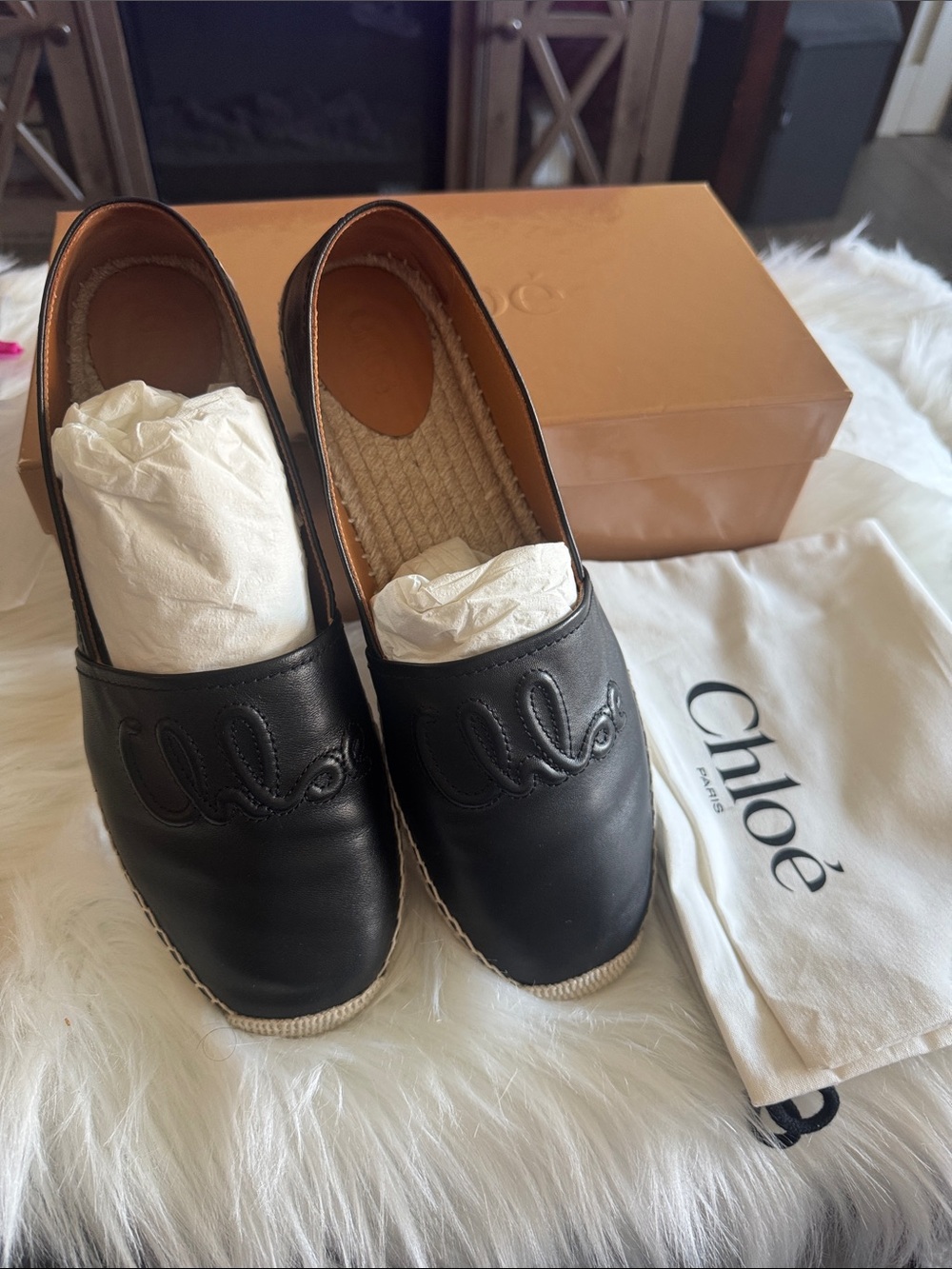 Chloé Black Leather Espadrille Flats